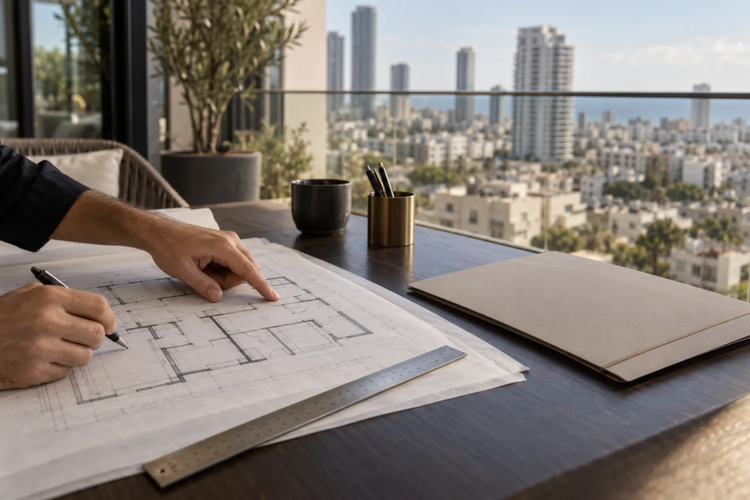 יד מצביעה על תכנית קומה ליד חלון עם נוף לתל אביב